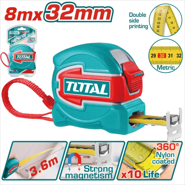 TOTAL 強化款尼龍包膠公制捲尺  (TMT80832M)
