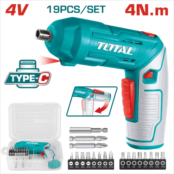 TOTAL 4V電動起子機組套 可調旋轉式 19PCS (TSDLI0442)