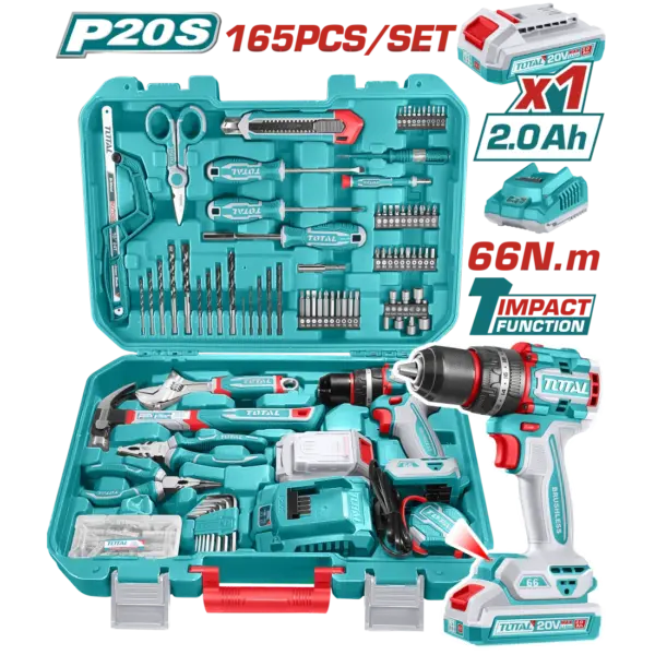 TOTAL 165件手工具+ 20V鋰電無刷震動電鑽套裝組 (UTHKTHP11652)